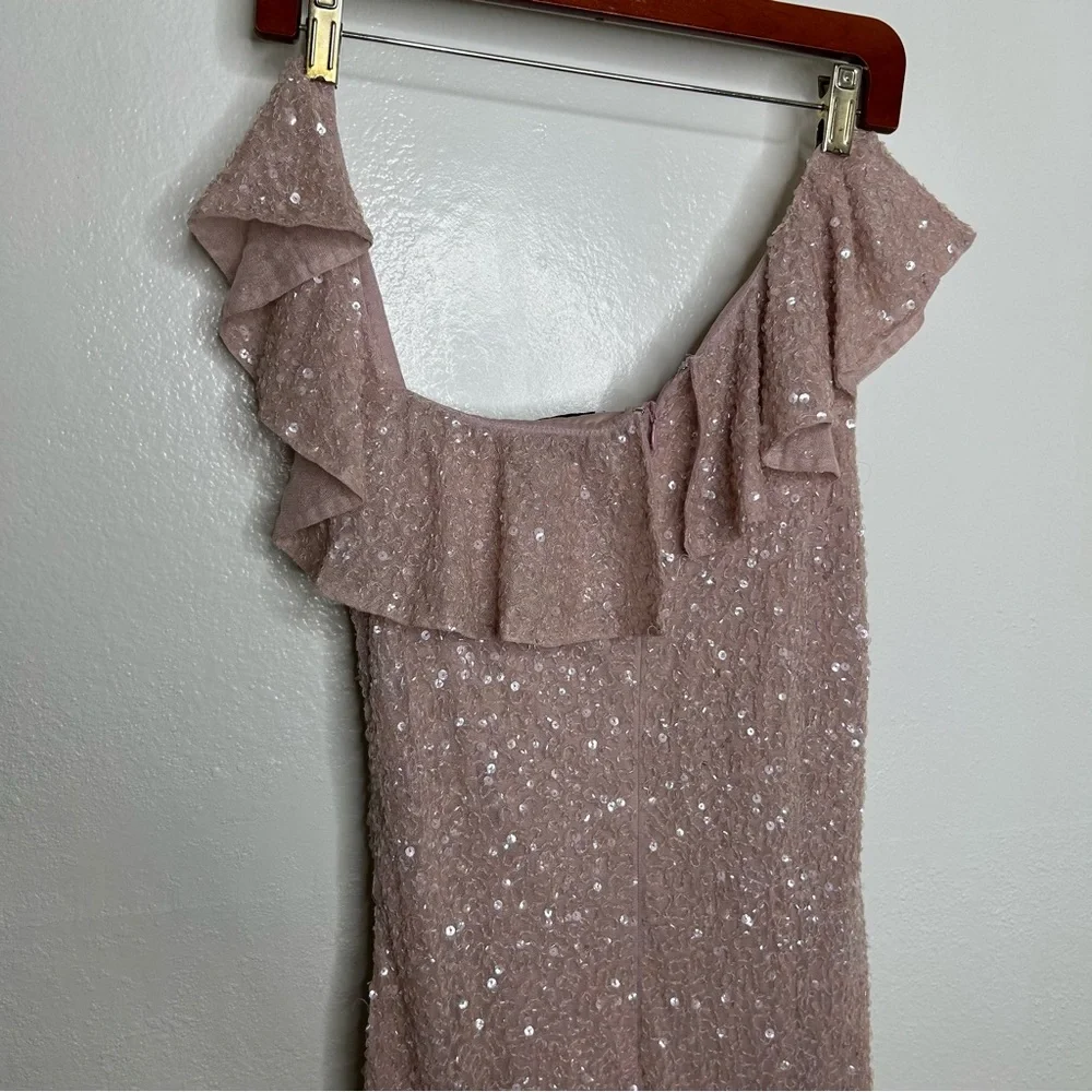 Mac Duggal One Shoulder Asymmetrical Sequin Gown Pink 8